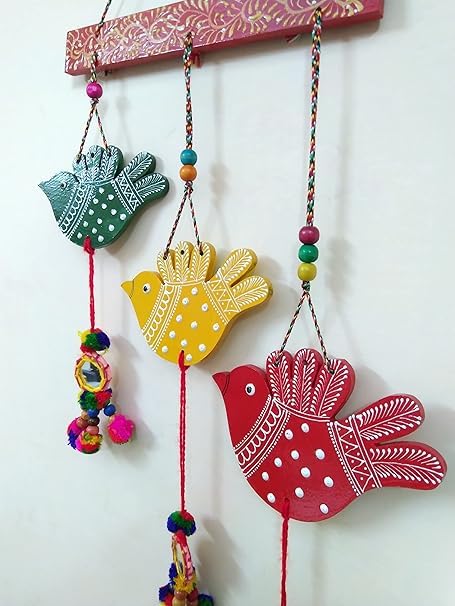 Aadya Creation : Decorative Fancy Bird Wind Chime Jaipuri Handmade Emboss Hand-Painted Decoration Show, Piece in Wooden.