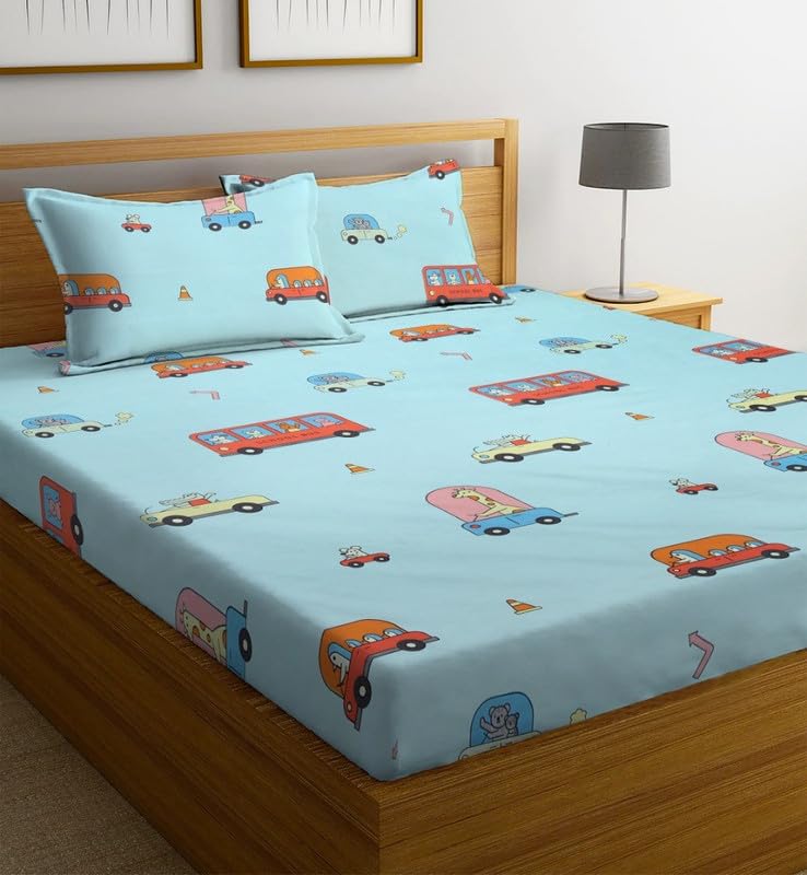 NHD HOME Cotton All Around Elastic Fitted Premium Prints Queen Size Double Bed Bedsheet with 2 Large Pillow Covers Fits Upto Mattress of 8 Inches,Size-60" x 78" Kids Sky Blue