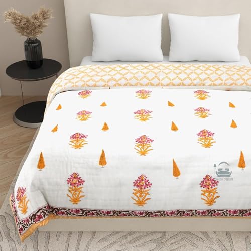 LOARSHY Cotton Hand Block Printed Pure Razai King Size Rajai/Quilts/Razzai - Yellow/Pink (Size 90X108 INCHES)