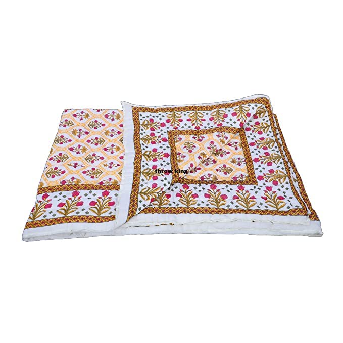 THROW KING Rajasthani Reversibel Single Bed Jaipuri Pure Organic Cotton And Can Use in Both Summer And Winter Mughal Desing Printed Soft Cozy & Breathable Jaipuri Razai/Rajai/Quilt/Blanket/Dohar/Duvet (Size-90X60)(Yellow/Maroon) Pack of 2 (TRW_A24)