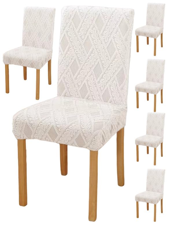 Styleys Elastic Chair Cover Stretch Removable Washable Short Jacquard Dining Chair Cover Protector Seat Slipcover (Pack of 6, Ivory, JCMC37)