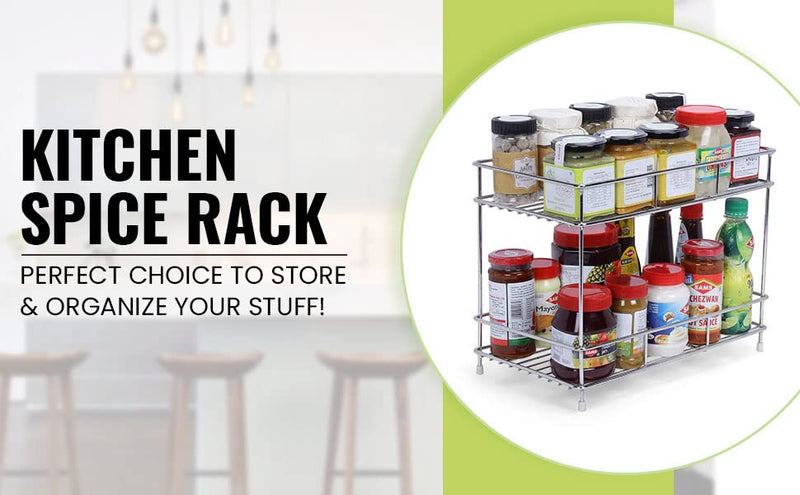 CR18 COLLECTION Big Size Stainless Steel 2 Layer Kitchen Spice Rack| Modular Kitchen Storage Rack | Kitchen Organizer Multipurpose Storage Shelf/Rack, Silver, Step Shelf