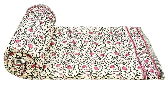 EMIOUR Pure Cotton 400 TC Hand Block Printed Jaipuri Quilt, Double Bed-90 x 108 cm, Multicolor (Design 2)