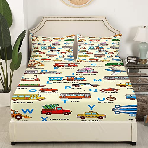 Feelyou Cartoon Car Print Bed Sheet Set Excavator Bedding Set Alphabet Pattern Fitted Sheet Police Car Flat Sheet for Kids Boys Girls Adults 4Pcs with 2 Pillow Case Full Size