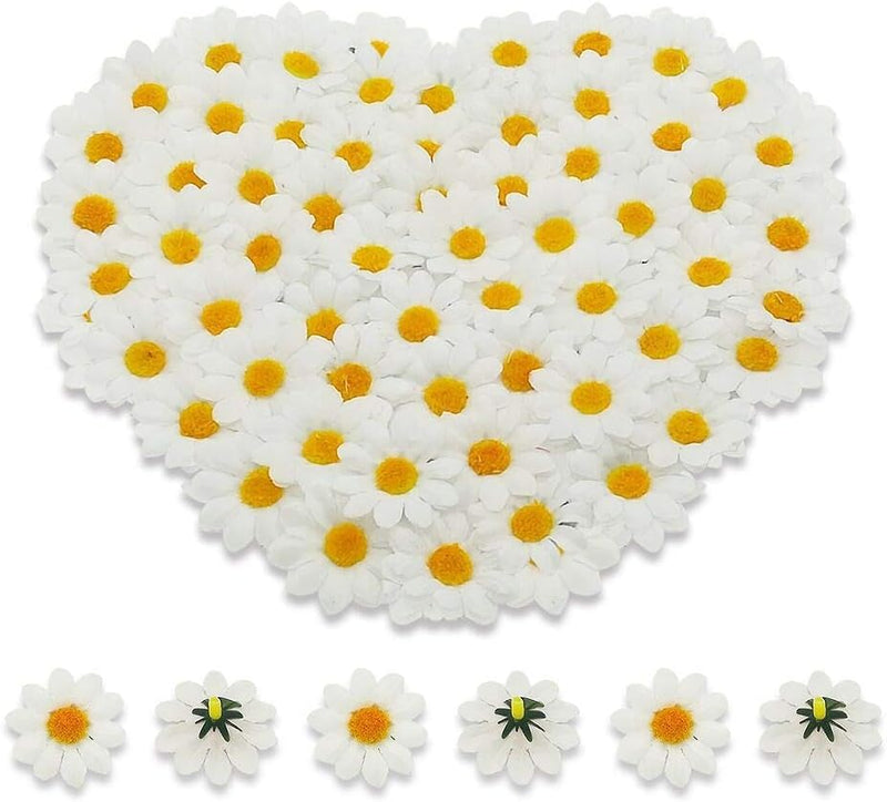 100Pcs 1.5 Inch Artificial Gerbera Daisy Fabric Flower Heads, White Artificial Chrysanthemum Flowers for Wedding Party, DIY Craft