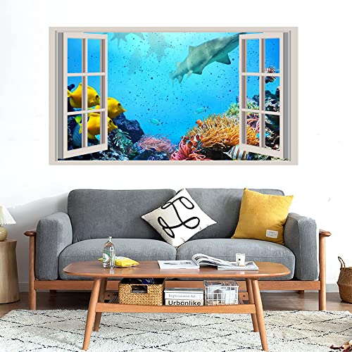 GADGETS WRAP Printed Wall Decal Sticker Fake Window Style Decal (90cm x 50cm) - Sharks Reef