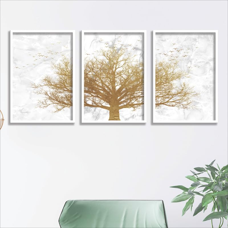 SAF paintings Set of 3 Golden Tree Wall Painting for Home Decoration SA-WHITEMX33520