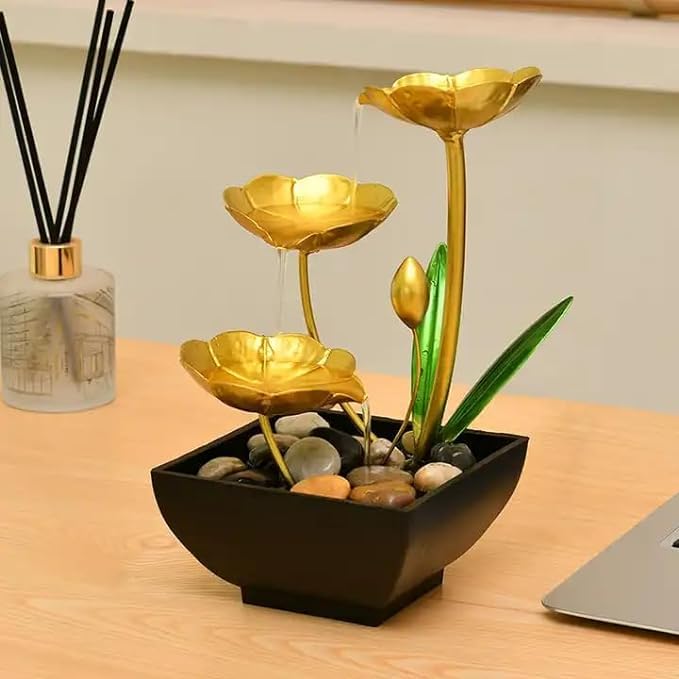 Stadash Lotus Waterfall Fountain for Home Decor - Golden Metal Tabletop Fountain with Deep Basin, Natural River Rocks, Home Water Fountain for Living Room, Office, Bedroom (1 PCS)