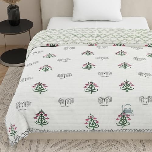 AARMOZY Cotton Jaipuri Razai Single Bed Hand Block Floral Buta Bail Print Quilt Blanket - Green/Pink (Single Bed B)