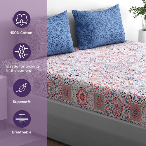 100% Cotton 152 TC Fitted Bedsheet with 2 Pillow Covers | Karol King, 72" x 70", Karol| 1.83m x 1.78m