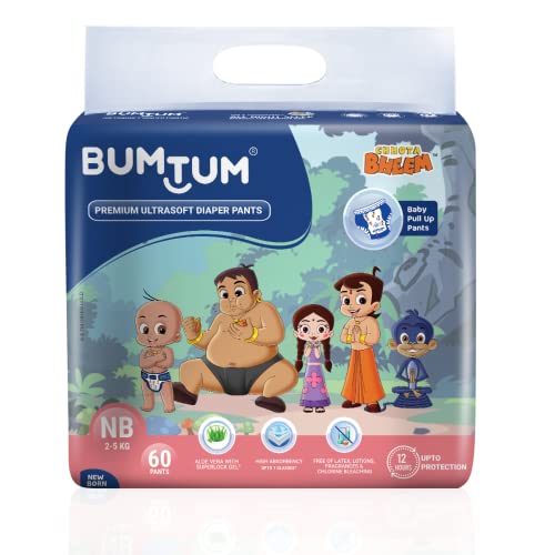 Bumtum Chota Bheem New Born Baby Diaper Pants, 60 Count, Leakage Protection Infused With Aloe Vera, Cottony Soft High Absorb Technology (Pack of 1)