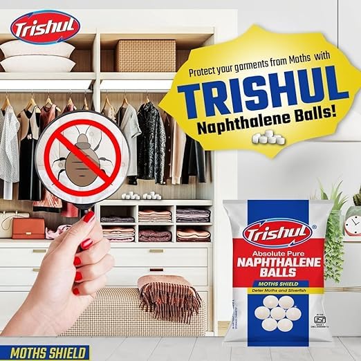 Trishul Naphthalene Moth Balls for Clothes | Bathroom | Wardrobe | Protect Clothes 100% Safe | Smell | free | Stain-Free | Germs Free | ISI Marked | 400 Gram White | Pack of 2 |