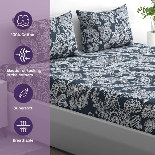 100% Cotton 152 TC Fitted Bedsheet with 2 Covers | Bruno Queen, 72" x 60", Bruno| 1.83m x 1.52m