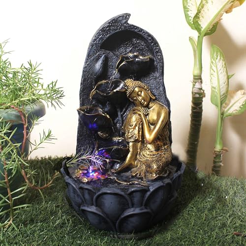 Art N Hub Lord Buddha Home Decorative Water Fountain Best Home and Office Inauguration Gift Items | Built (27 x 27 x 39 CM | Grey Golden)