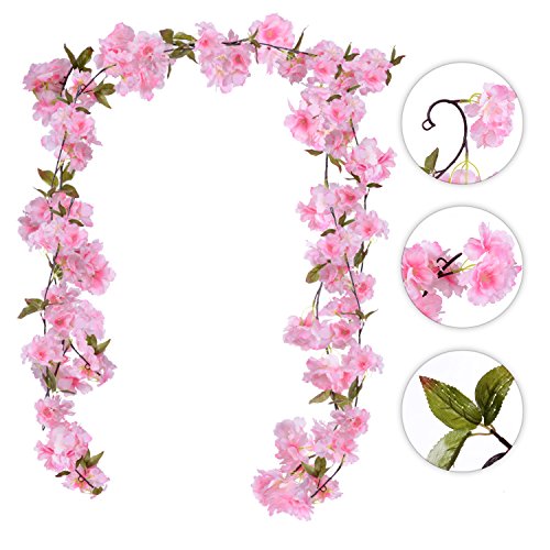 DearHouse 2 Pack Artificial Cherry Blossom Garland Hanging Vine Faux Cherry Blossom Flowers Garland for Home Garden Wedding Party Decor,Pink