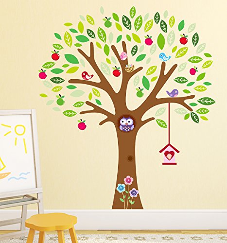 WALLSTICKY Tree with Green & Yellow Leaves and Apple Heart Birds in IT Sticker