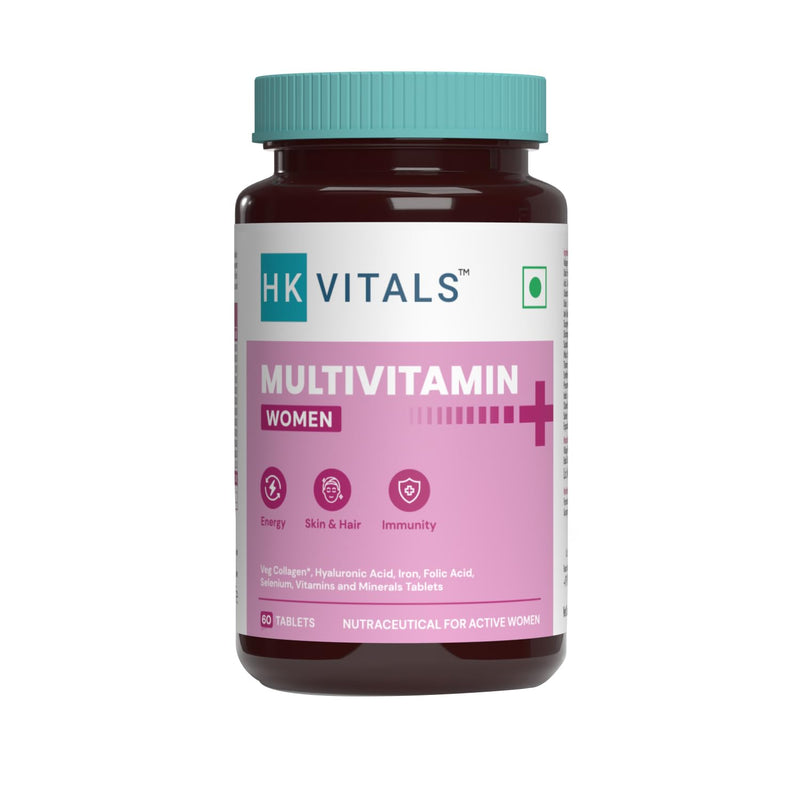 HealthKart HK Vitals Multivitamin Plus Women, Advanced Daily Multivitamin for Active Women | for Energy, Joints, Skin & Hair; with Iron, Vitamin C, Veg Collagen, Hyaluronic Acid & Biotin, 60 Tablets