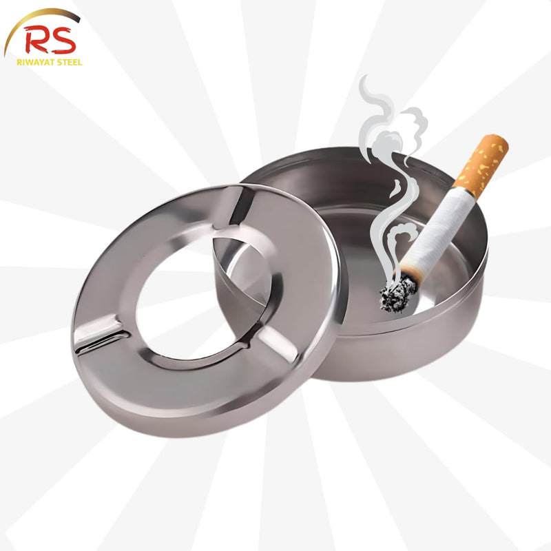 Riwayat Steel | Stainless Steel Ashtray | Ashtray with Lid | Cigarette Ash Holder Tray for Home, Office and Bar |10cm | Set of 1