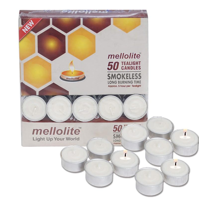 Tealight Candles 100% Pure Wax, Unscented, Pack of 50, Long Burning Tealight, 5 Hours Burn Time, White Unscented Tea Light Candles - Ideal for Weddings, Parties, and Special Events!