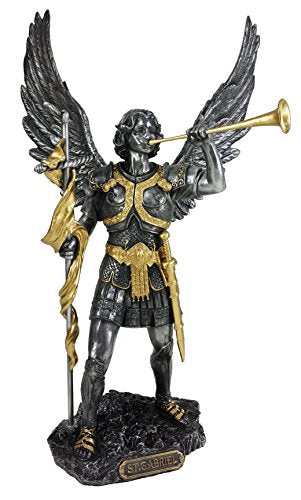 13" Saint Gabriel Archangel Statue W/Trumpet and Cross Pewter & Gold Finish Angel