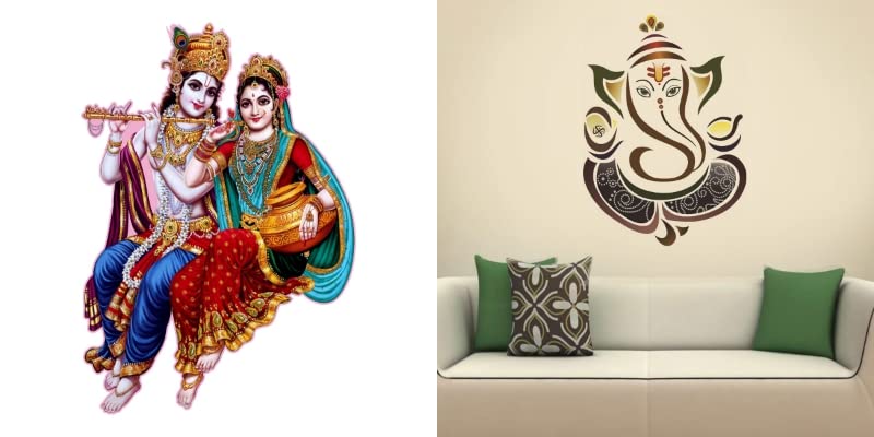 Combo of 2 Wall Stickers- Krishna Priya & Royal Ganesh Self Adhesive VinylWaterproof Decorative Wall Decals for Hall, Bedroom & Kitchen