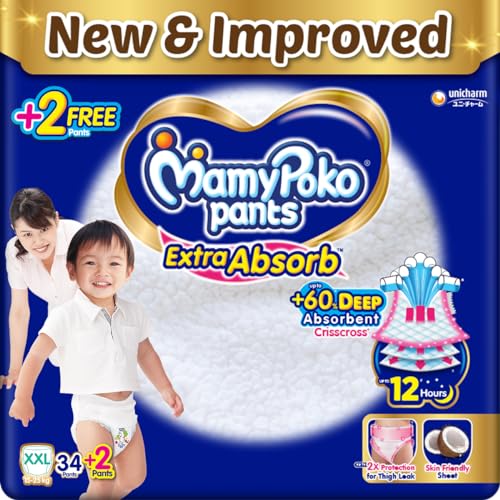 MamyPoko Pants Extra Absorb Baby Diapers, XX-Large (XXL), 34 count(+2) Free Diaper, 15-25 kg