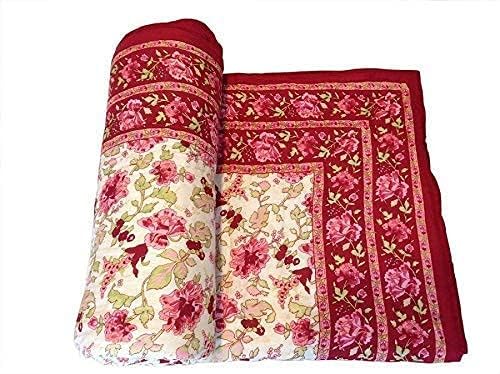 fashhub Jaipuri Quilt Traditional Single Bed Pure Cotton/Rajai/Razai/Blanket Rajasthani Print Light Weight (Garden Flower Beige and Pink) (Set of 2)