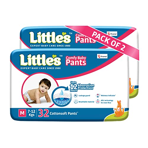 Little's Baby Pants Diapers,Medium, 7-12kg, 64 Count, with Wetness Indicator & 12 Hours Absorption