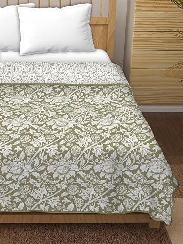 Dream Dwell 100% Pure Cotton Reversible Dohar/AC Blanket for Double Bed |All Weather Light Weight | Floral Design Dohar| Pack of 1-Moss Bel, Green and White.