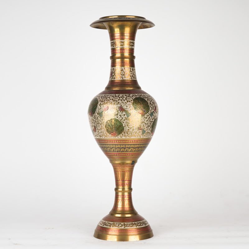 ARTS SHALA Brass Metal Long Vase with Enamel and Engraved Motifs | Vases for Home Dcor