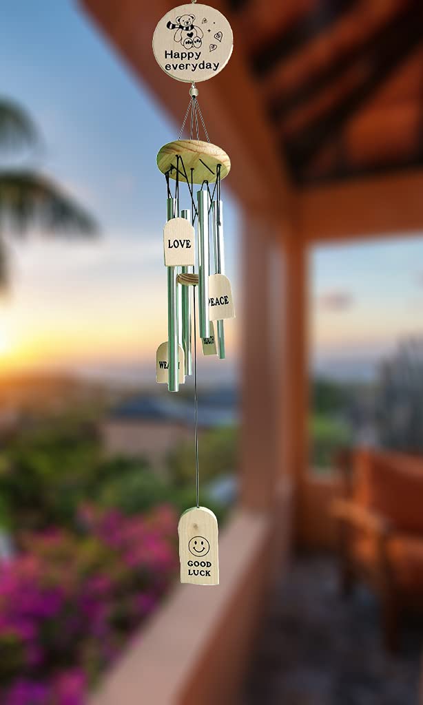 Synlark Good Luck Wooden Wind Chime with Positive Energy 4 Silver Pipes for Home & Office Decoration (34 Inches) (Good Luck)