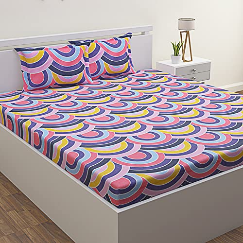 ROMEE Geometric Printed Bedsheet for Double Bed, 186 TC Double Bedsheet Cotton Poly with 2 Pillow Covers, Beautiful Designs Double Bedsheet Queen Size - 90 x 100 Inches, Blue & Pink