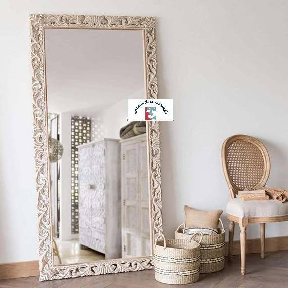 Artistic Interior Crafts Wooden Carved Wall Mirror Frame Solid Wood, Distress Finish | with Out Mirror | Size 6 * 3 ft (Antique Gold) (White Distress, Rectangular, Frame)