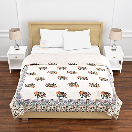 LOARSHY Pure Cotton Elephant Traditional Rajasthani Hand Block Printed Jaipuri Quilt/Razai/Rajai [Light Weight, Multicolor, Single Bed - 60x 90 Inches]