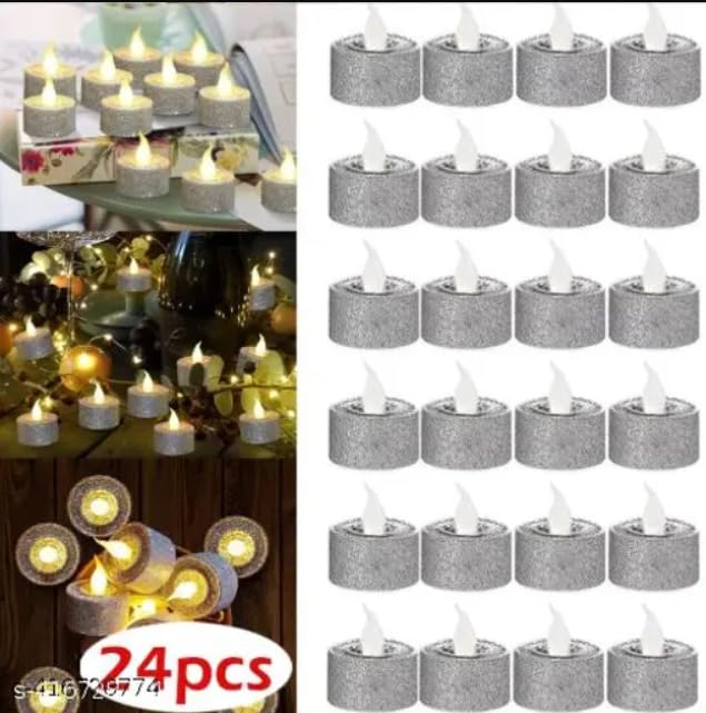 UDHWANI 24 Pcs Acrylic Flameless & Smokeless Decorative Candles Led Tea Light Candle Perfect for Gifting, Home, Birthday, Diwali, Christmas,Decorative Candles,Birthday (Glitter Silver - 24 Pcs)