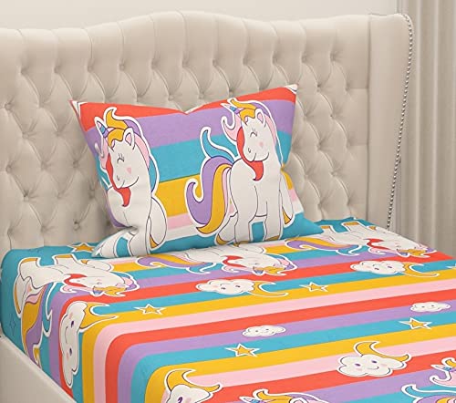 VOMZER Homes- Luxury Cutie Glace Cotton Cartoon Printed Size Single Bed Bedsheet with 1 Pillow Cover (Unicorn Aqua, Single, Pack of 1)