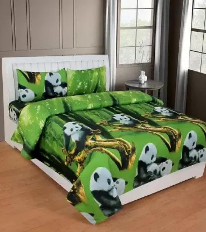 NISH Craft RADHERADHE 104 TC Polycotton Double Printed Flat Bedsheet (Pack of 1, Green) Green PANDA-3D Double