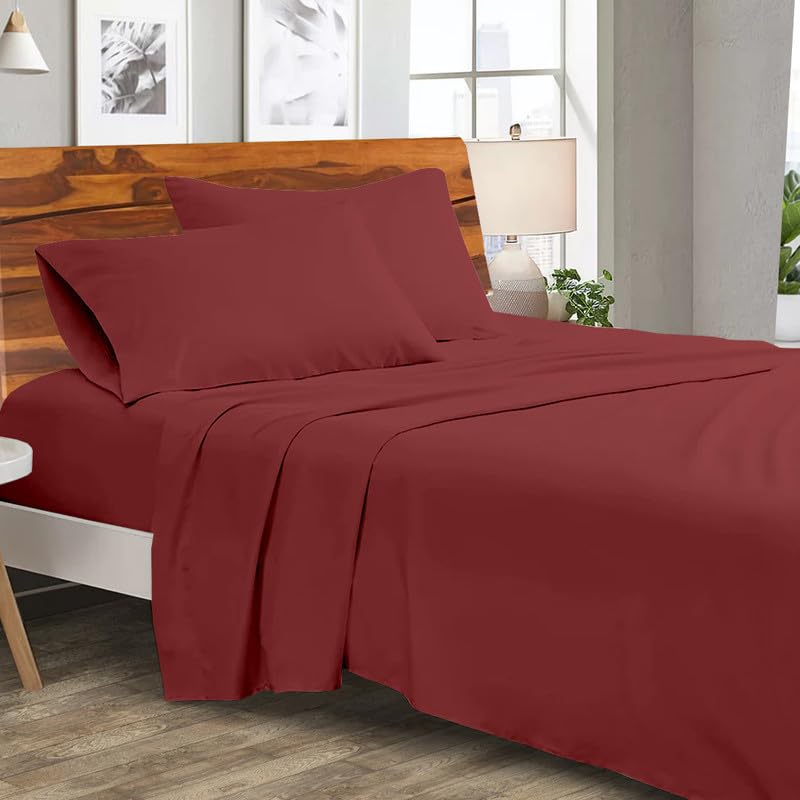 linenaffairs Cotton Bedsheets Set, 144 Thread Count, King - 102x108 Inch, Bed Sheet 3 Piece Sets, Flat Bedsheet with Pillow Cover Comfy Breathable & Cooling Sheets Best for Summer - Burgundy