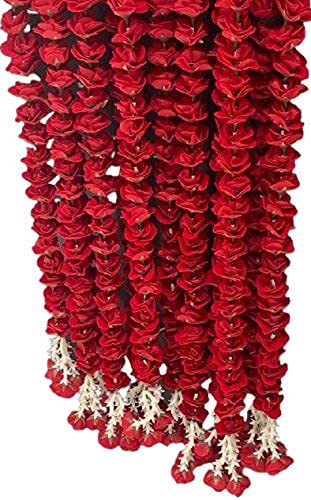 3A Featuretail Artificial Red Roses Garland String, Red Velvet Rose Ladi, Garlands for Decoration Festival, Pongal, Diwali, Marriages, Mandir & Home/Office (5Ft Length 4pc Set, Fabric Red Roses Ladi)