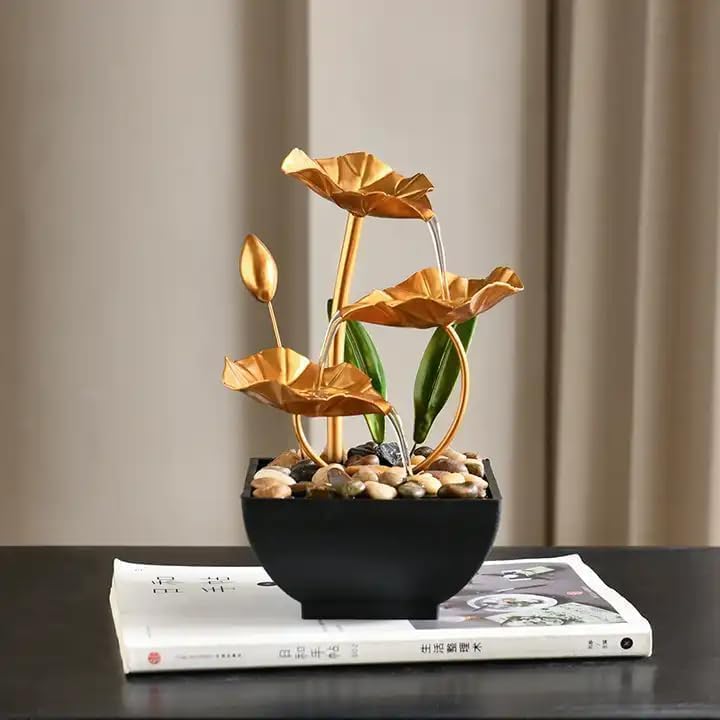 WebWares® Tabletop Fountain Metal Lotus Circulating Fountain Water Feature for Zen Home Decor Warm Yellow Scene Light (Gold)