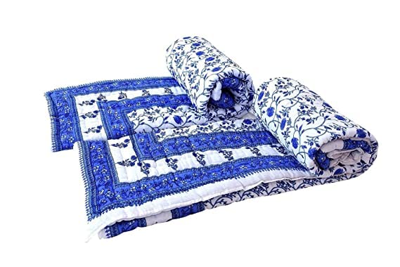 SK STORE Cotton Jaipuri Razai Traditional Sanganeri Print Light Weight razai Single Bed Quilt/Blanket -Set of 2 (White Booti, Single Bed)