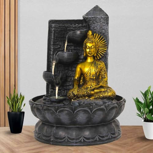 Art N Hub Lord Buddha Home Decorative Water Fountain Best Home and Office Inauguration Gift Items | Built (20 x 20 x 25 CM | Grey Golden)