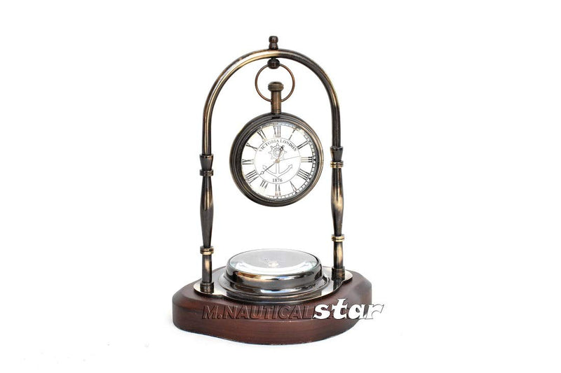 Brass Antique Desk Clock with Compass Working with Wooden Base Home Decor