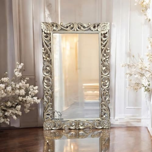 AESTHETIC DECOR Wooden(4x2.5) ft Carved Wall Mirror Frame Solid Mango Wood, | with Out Mirror (White Distress)