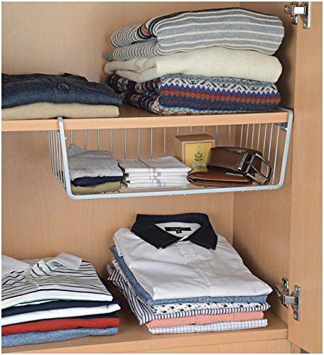 Go Hooked Multipurpose Under Shelf Basket/Coated Iron Under Cabinet Storage Organizer Rack Shelf/Under shelf Organizer Rack For Kitchen, Bedroom (Combo, Pack of 3) (1 Pc - 12" & 2 Pcs - 16") (Silver)