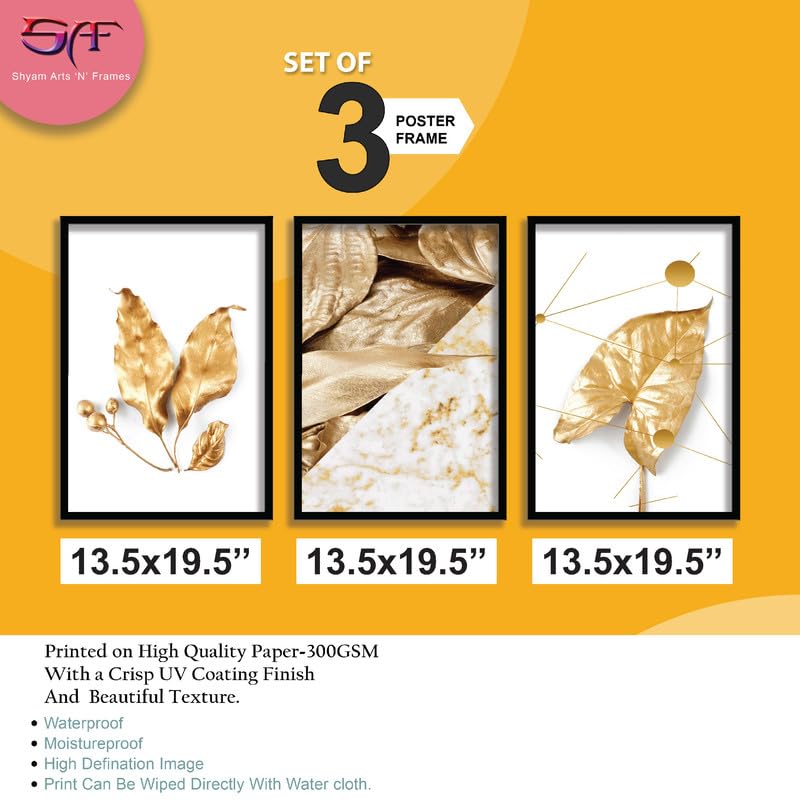 SAF paintings Set of 3 Golden Leaves Wall Painting for Home Decoration SA-BLACKMX33510