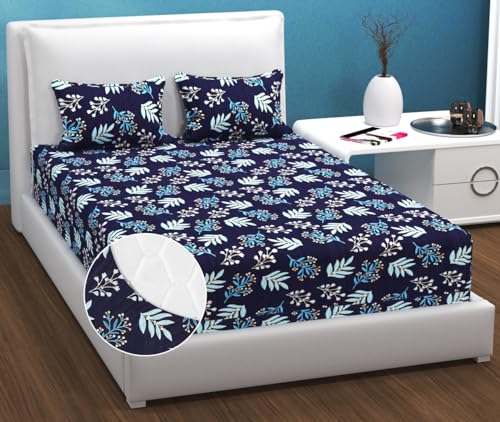 Cotton Feel All Around Elastic Fitted Glace Printed King Size Double Bedsheet with 2 Large Pillow Covers, Mattress of 8 Inches,Size - 72 x 78 x 8 Inches