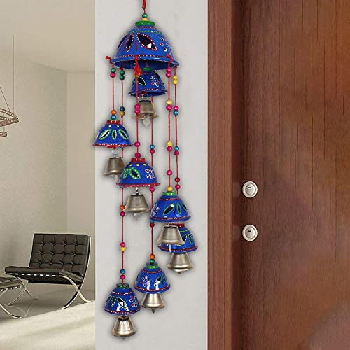 Urbane Home Rajasthani Design Handcrafted Hanging Windchimes|Latkan with 8 Bells for Home Décor & Positive Energy (Blue)