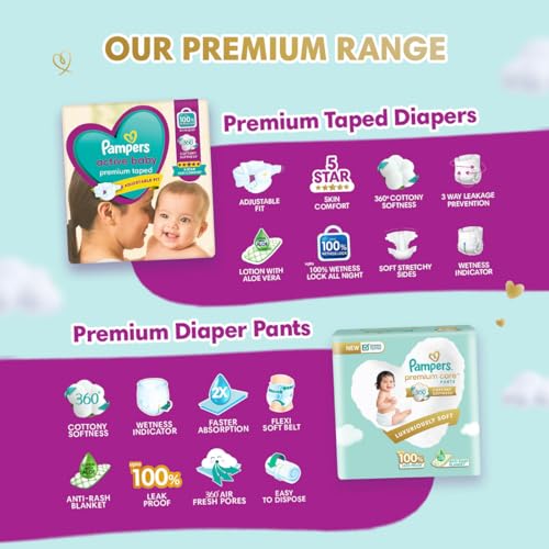 Pampers Active Baby Tape Style Diapers, Small (S) Size, 92 Count, Adjustable Fit with 5 star skin protection, 3-8kg Diapers