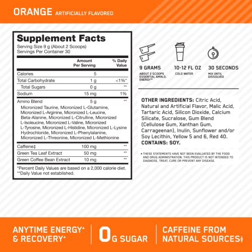 Optimum Nutrition (ON) Amino Energy - Pre Workout with Green Tea Extract, BCAA, Amino Acids, Green Coffee Extract, Energy Powder - Orange Cooler, 30 Servings